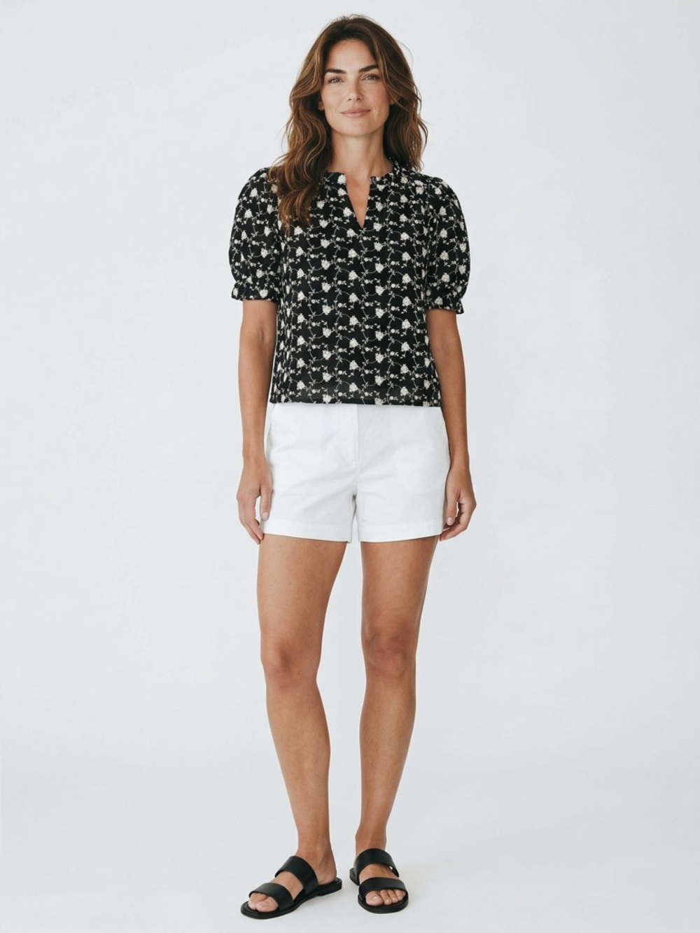 Draper James Womens XL Black White Floral Embroidered Lined Puff Sleeve Top